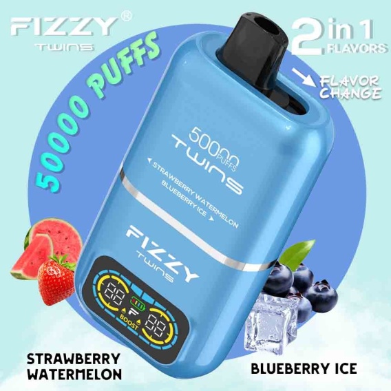Fizzy Twins 50000 Puffs, rekordowa żywotność vape, długotrwały e-papieros, solidne smaki, polecana jednorazówka - Fizzy Twins 50000 – Strawberry Watermelon & Blueberry Ice – e ...