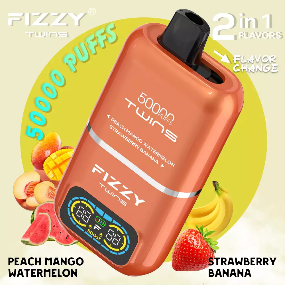Fizzy Twins 50000 vape, e-papieros dwusmakowy, innowacyjny jednorazowy e-papieros z przełącznikiem smaków, arbuz mięta vape - Fizzy Twins 50000 Puffs Double Flavor Dual Tank 50K Disposable ...