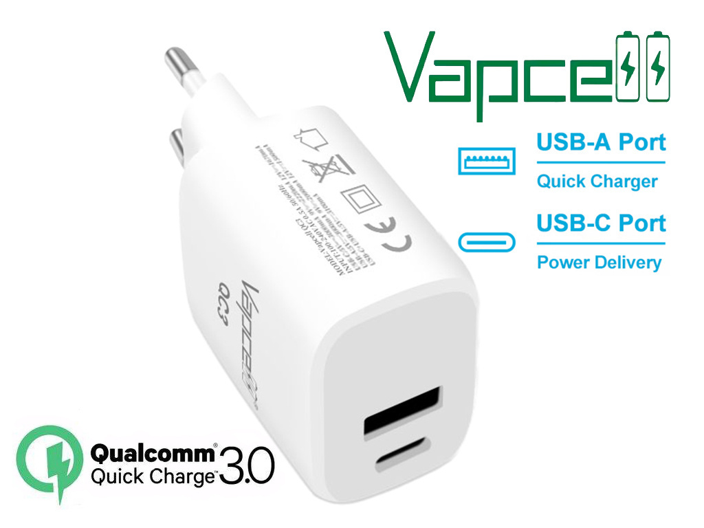 Xcor Tyrant szybkie ładowanie, USB-C vape, e-papieros podłączony do ładowarki, ikona szybkiego ładowania - Szybka ładowarka sieciowa zasilacz wyjście USB-A USB-C szybkie ...
