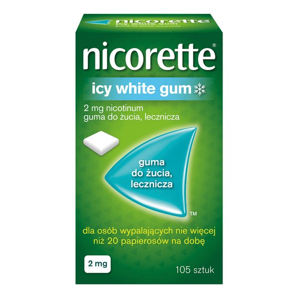 rzucanie nałogu nikotynowego, alternatywy dla vape, świadome zajęcia ręka-usta, guma do żucia woda - Nicorette Icy White Gum, 2 mg, guma, do żucia, 105 szt