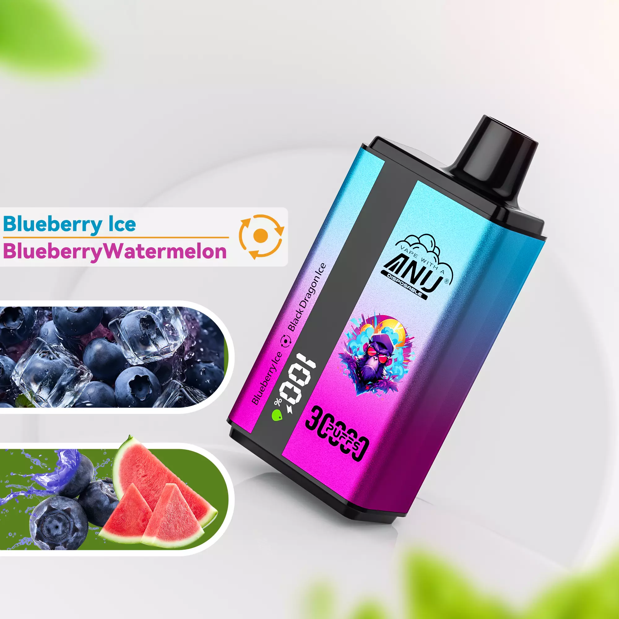 Smak Blueberry Ice vape, Blueberry Raspberry e-papieros, borówka malina lód liquid, kombinacje smakowe vape - ANU podwójny smak 30000 Puffs Wyświetlacz cyfrowy 0% 2% 5% Low ...