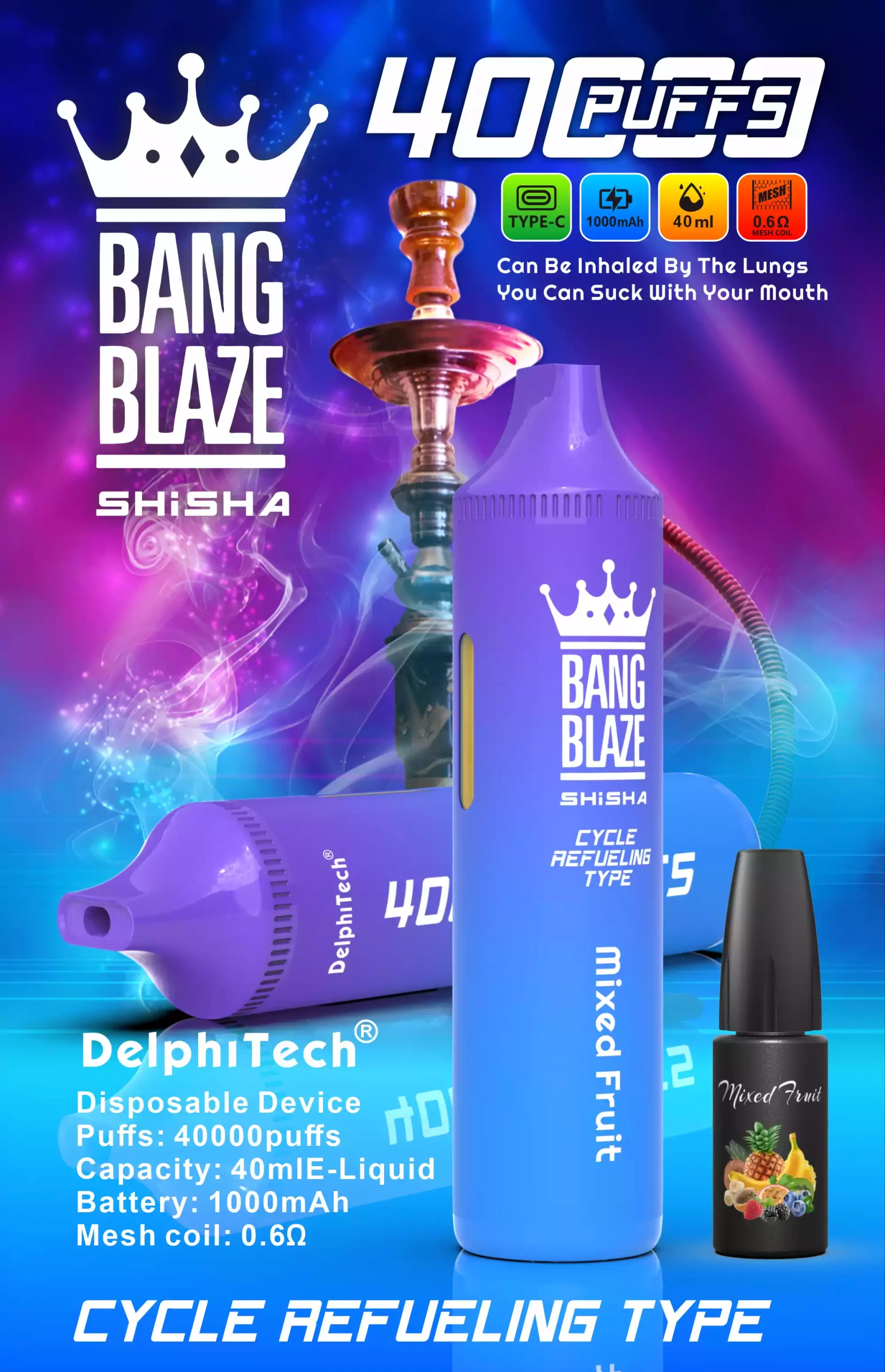Bang Blaze 40000 wyświetlacz LCD, smart LED vape, e-papieros z ekranem, wskaźnik zużycia liquidu - BANG BLAZE SHISHA 40000 Puffs DSK040 Rechargeable 40K Disposable ...