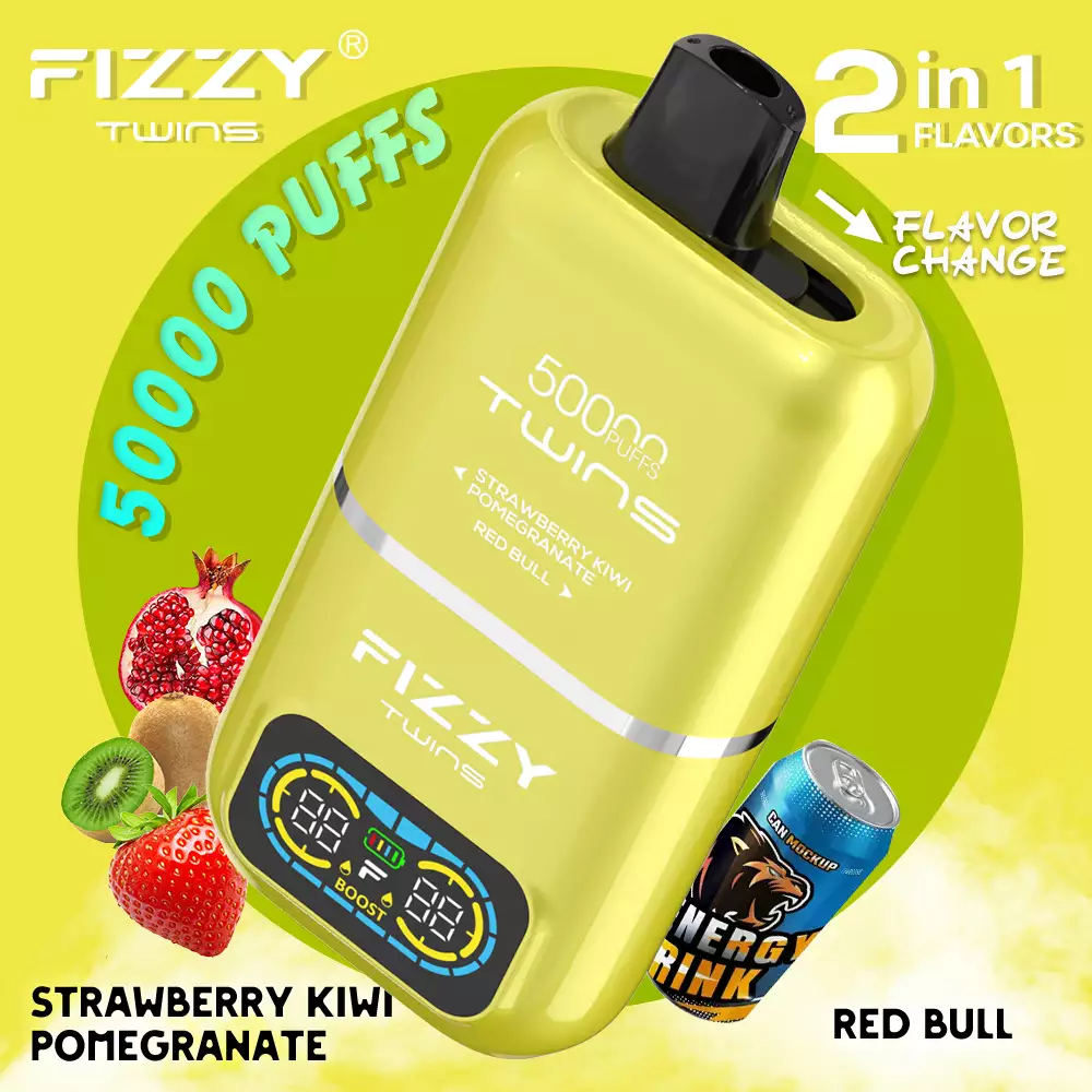 Fizzy Twins 50000, jednorazówka dwusmakowa, futurystyczny e-papieros, innowacja wapowania - Fizzy Twins 50000 Puffs Double Flavor Dual Tank 50K Disposable ...