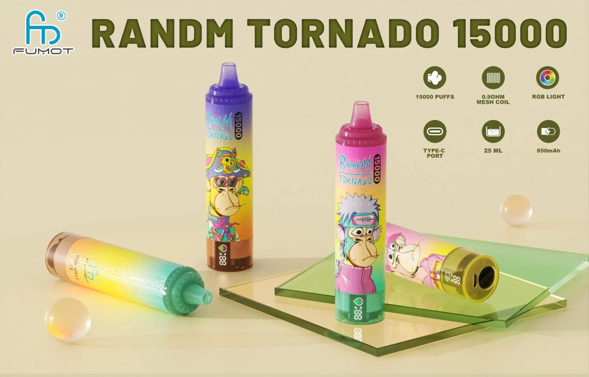 RandM Tornado 15000 design, kiczowate grafiki na vape, małpa w okularach vape, świecący e-papieros RGB - RandM Tornado 15000 Puffs Jednorazowy Vape z wyświetlaczem LED do ...