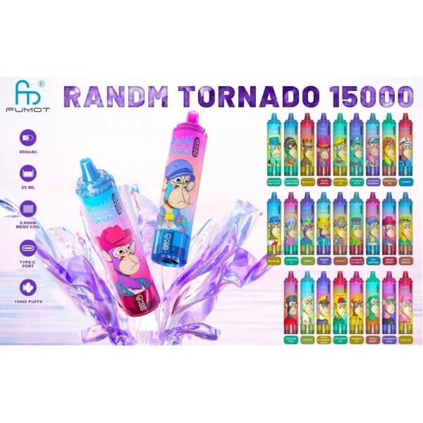 Fumot RandM Tornado 15000 design małpy, e-papieros z grafiką małpy, klasyczny vape wzór - Jednorazówka RandM Tornado 15000 15k Puffs 25ml 5% 850mAh USB-C 59zł