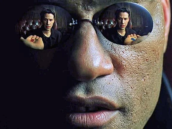 Neo wybierający czerwoną niebieską pigułkę, Matrix motyw, futurystyczny e-papieros, wybór rzeczywistości - In the Matrix (1999) Neo is offered a blue pill which leads to ...
