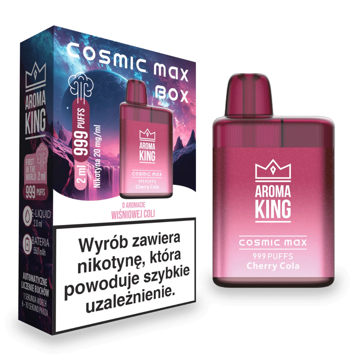 gęsta chmura vape Cherry Coke, e-papieros efekt musowania, osoba wapująca z gęstą parą, smak Cherry Coke vaping - Aroma King COSMIC 999 BOX 20mg Cherry Cola