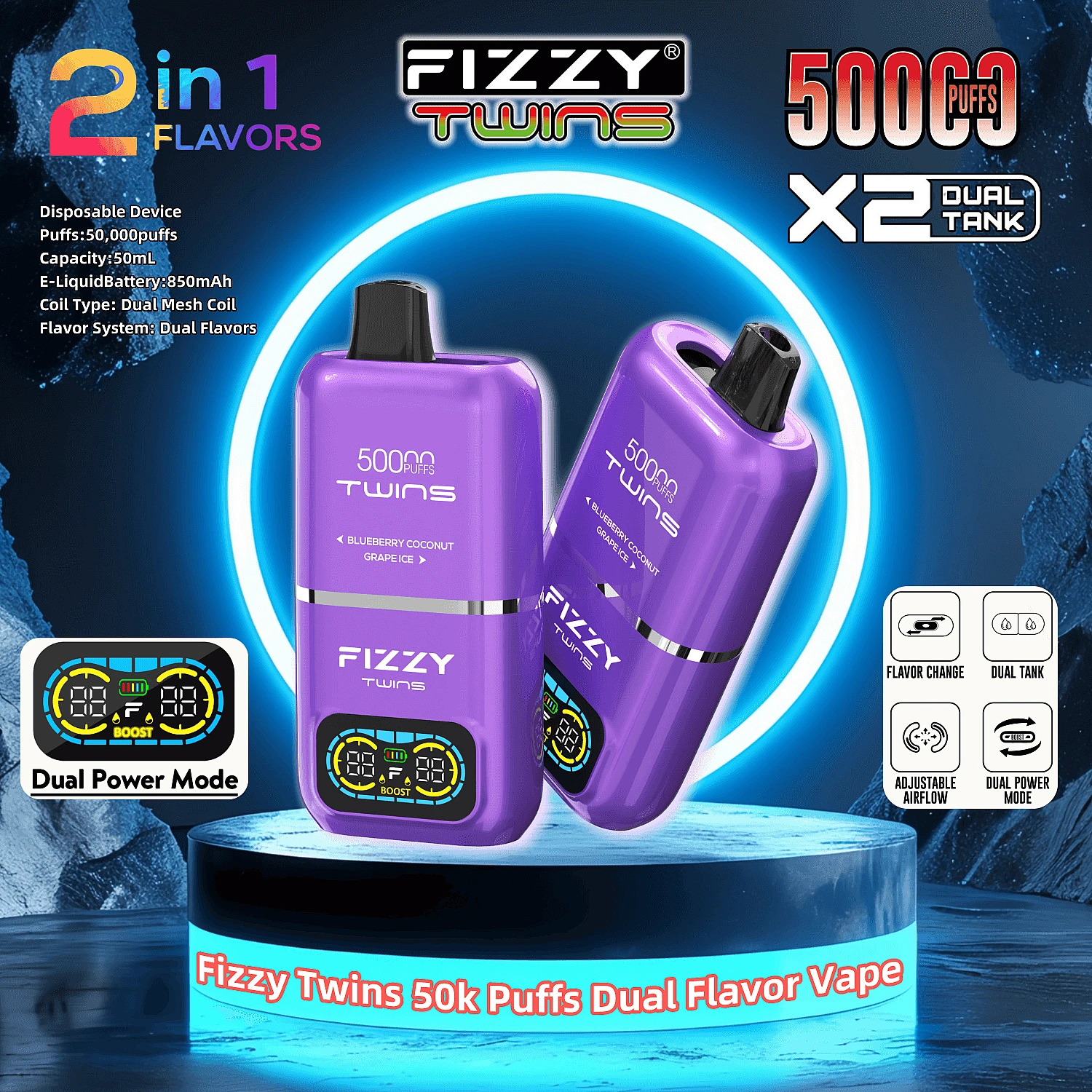 Fizzy Twins Smart Screen, wyświetlacz e-papierosa, inteligentny ekran vape, poziom baterii, procent baterii vape - Fizzy Twins 50000 50 tys. zaciągnięć, podwójne smaki, jednorazowy ...