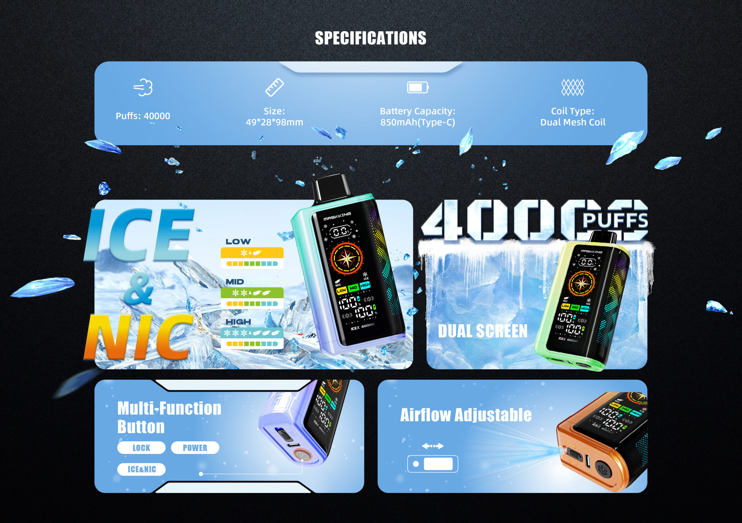 Specyfikacja Maskking ICEX 40000: Dual Mesh Coil, USB-C, 3 poziomy kontroli
