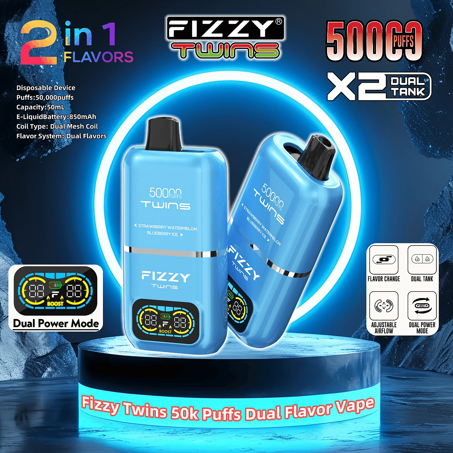 alternatywy Fizzy Twins, mocne e-papierosy jednorazowe, vape Dual Mesh - Fizzy Twins 50000 50 tys. zaciągnięć, podwójne smaki ...