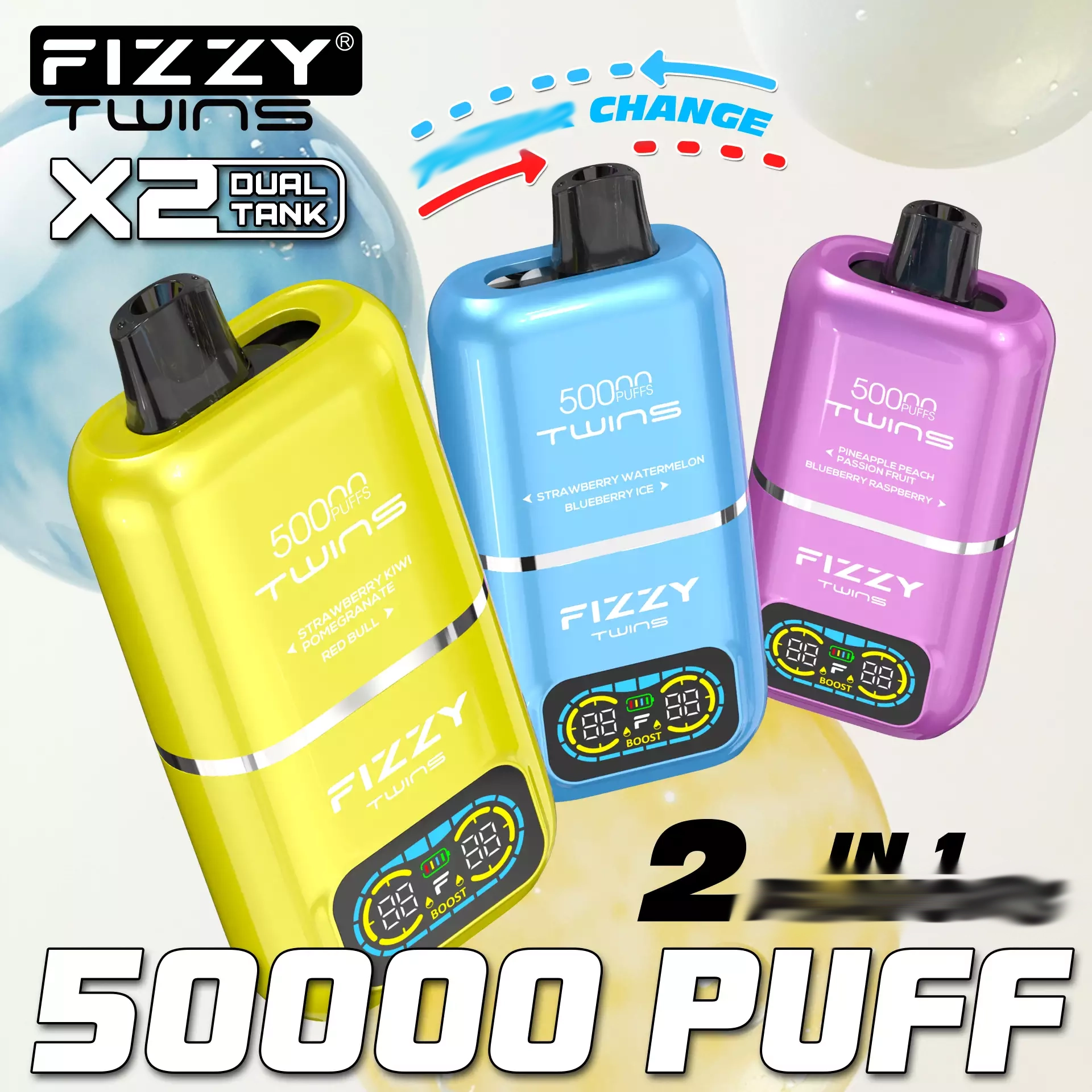 Fizzy Twins przełącznik smaku, jednorazowy vape z dwoma smakami, mechanizm zmiany smaku e-papierosa, dual flavor switch vape - Fizzy Twins 50000 Puffs Double Taste Dual Tank 50K Disposable ...