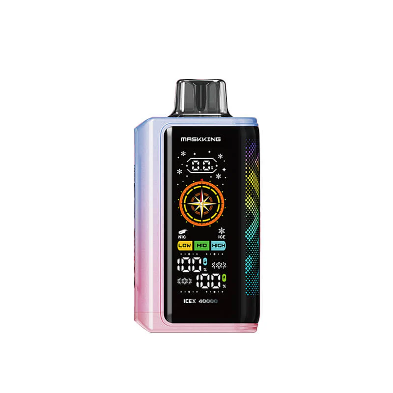 Maskking ICEX 40000 Puffs close-up, design ice crystal vape, e-papieros lodowe wykończenie premium, dłoń trzymająca Maskking ICEX - 40k White Gummy Bear Maskking Icex 40000 Puffs Disposable ...