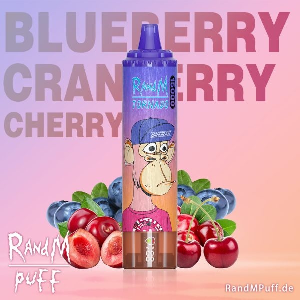 smak Blueberry Cherry Cranberry vape, jagoda wiśnia żurawina liquid, owocowy e-liquid, składniki smaku vape - RandM Tornado Jednorazowy e-papieros 15000 Buchów o smaku ...