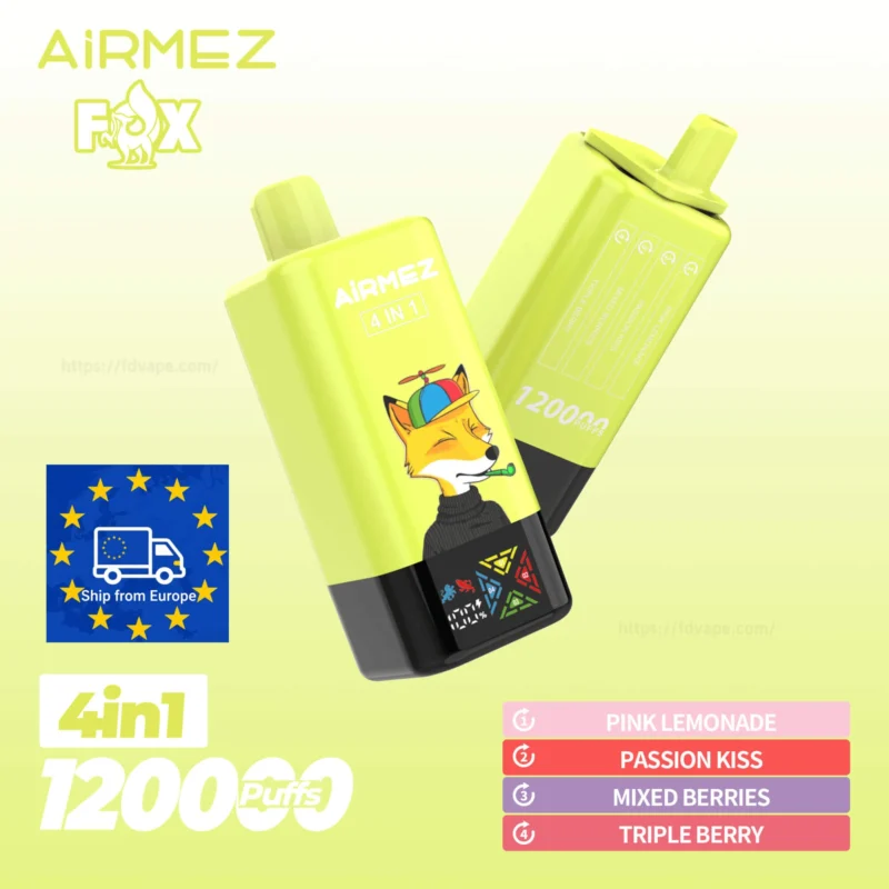 Airmez Fox 120000 Puffs,jednorazowy e-papieros,vape o dużej pojemności,elektroniczny papieros 60ml,gdzie kupić Airmez Fox,opinie Airmez Fox,vape 4w1,Airmez Fox cena,oszczędny vape,jednorazówka na długo