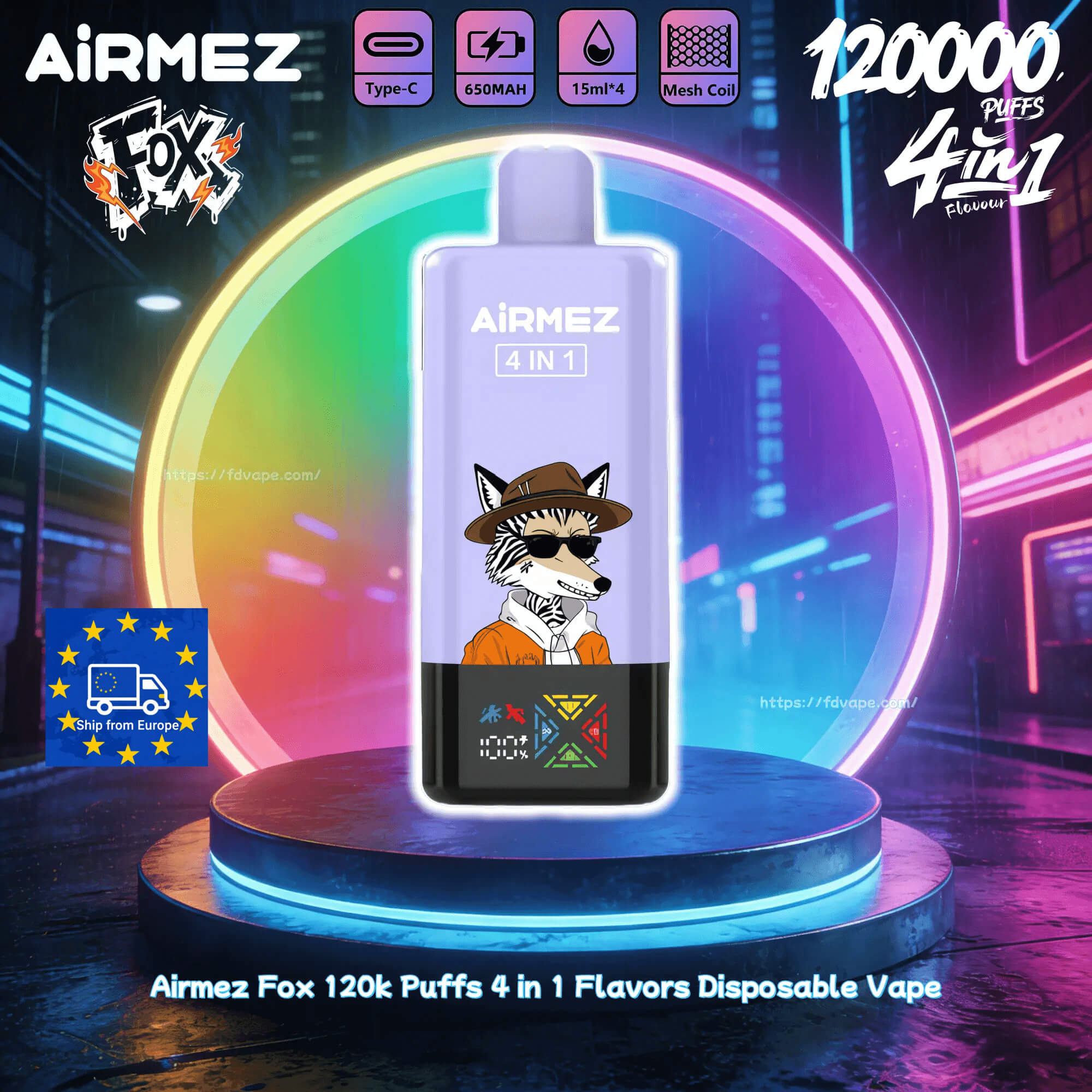 Airmez Fox 4in1, e-papieros cztery smaki, system 4-w-1 vape, obrotowy ustnik Airmez Fox, różnorodność smaków vape - Airmez Fox 4IN1