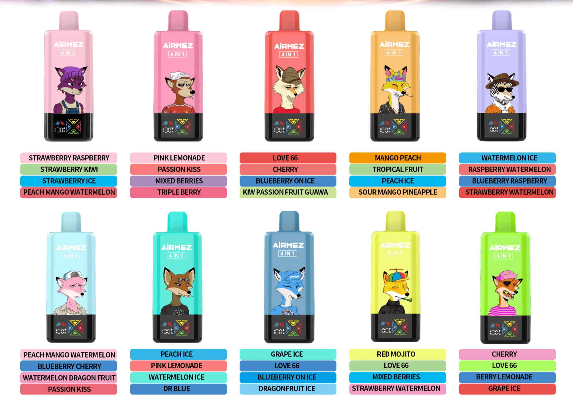Airmez Fox 4in1 120000 Puffs, jednorazowy e-papieros cztery smaki, vape z dużą pojemnością buchów - Airmez Fox 120000 12k Puffs Jednorazowy Vape – 4 w 1 ...