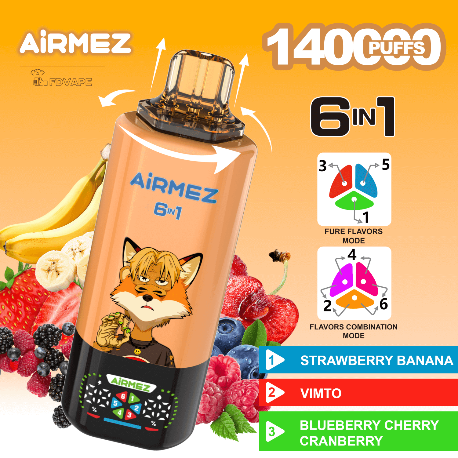 Airmez Fox trwała bateria, vape ładowanie USB-C, e-papieros z grzałką mesh, intensywny smak vape, wytrzymały vape - Airmez FOX 140000 140K Puffs 6 w 1 Smaki Jednorazowe Vape 0 ...