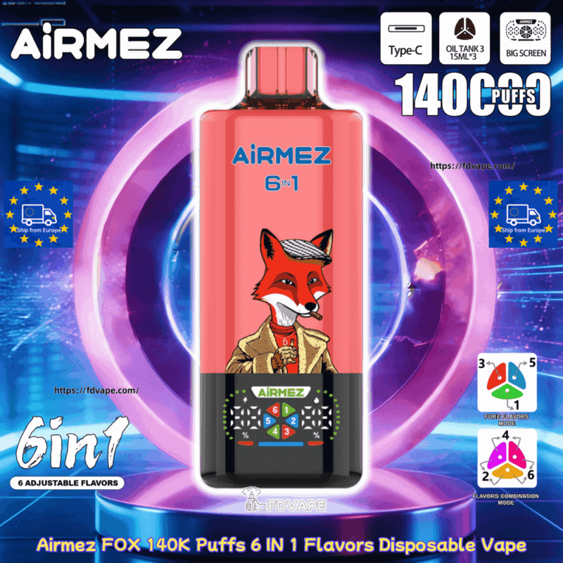 Airmez Fox 120000,vape jednorazowy,e-papieros jednorazowy,najlepszy vape,duża pojemność liquidu,świeży smak vape,jak działa Airmez Fox,recenzja Airmez Fox,gdzie kupić Airmez Fox,vape 120000 puffs,4-in-1 vape,eliminacja spalenizny vape