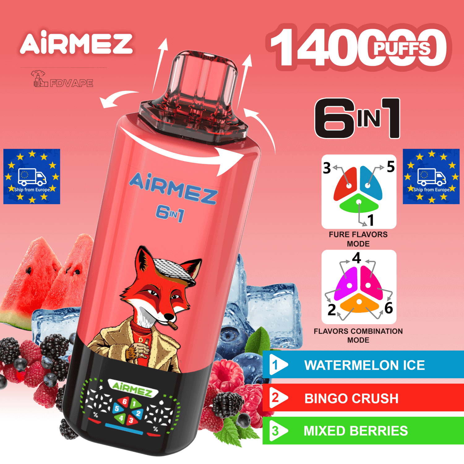 e-papieros zmienne smaki, Airmez Fox przełączanie smaków, vape Watermelon Ice Strawberry Kiwi, e-papieros z wieloma aromatami - Airmez FOX 140000 140K Puffs 6 w 1 Smaki Jednorazowa ...