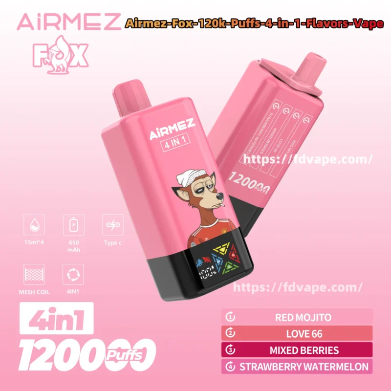Airmez Fox 4in1,e-papieros jednorazowy 120000,vape 4 smaki,Airmez cena,opłacalne e-papierosy,vape 60ml,Airmez Fox recenzja,e-papieros z Polski,najlepsze jednorazówki,vape z dostawą 24h