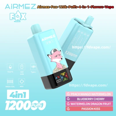 Airmez Fox 4in1 kluczowe cechy, zalety e-papierosa Airmez Fox, vape podsumowanie funkcji, wydajność e-papierosa infografika - EU Warehouse Airmez FOX 4 IN 1 120k Puffs Disposable Vape ...