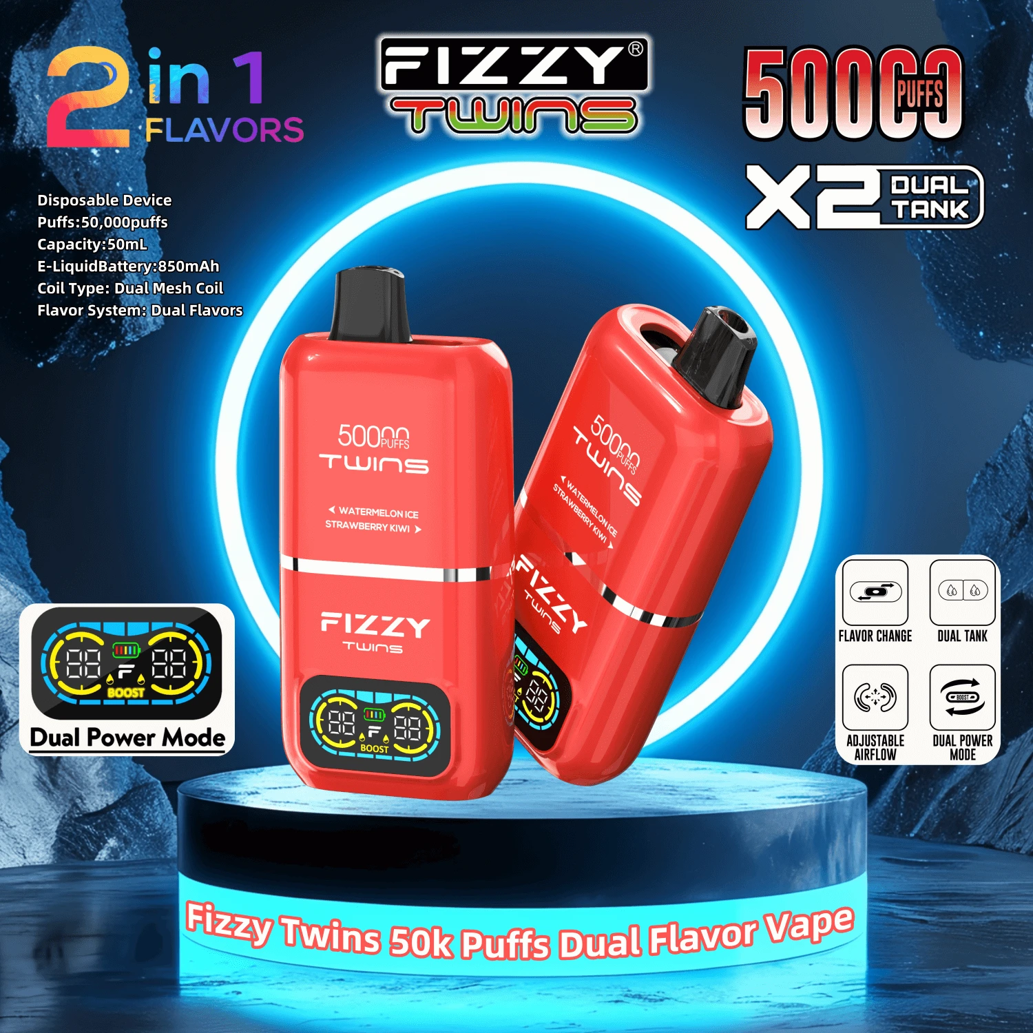 Fizzy Twins 50000 e-papieros, dual flavor vape, e-papieros dwusmakowy, duża pojemność vape - EU Warehouse FIZZY TWINS 50000 Puffs Disposable Vape ...