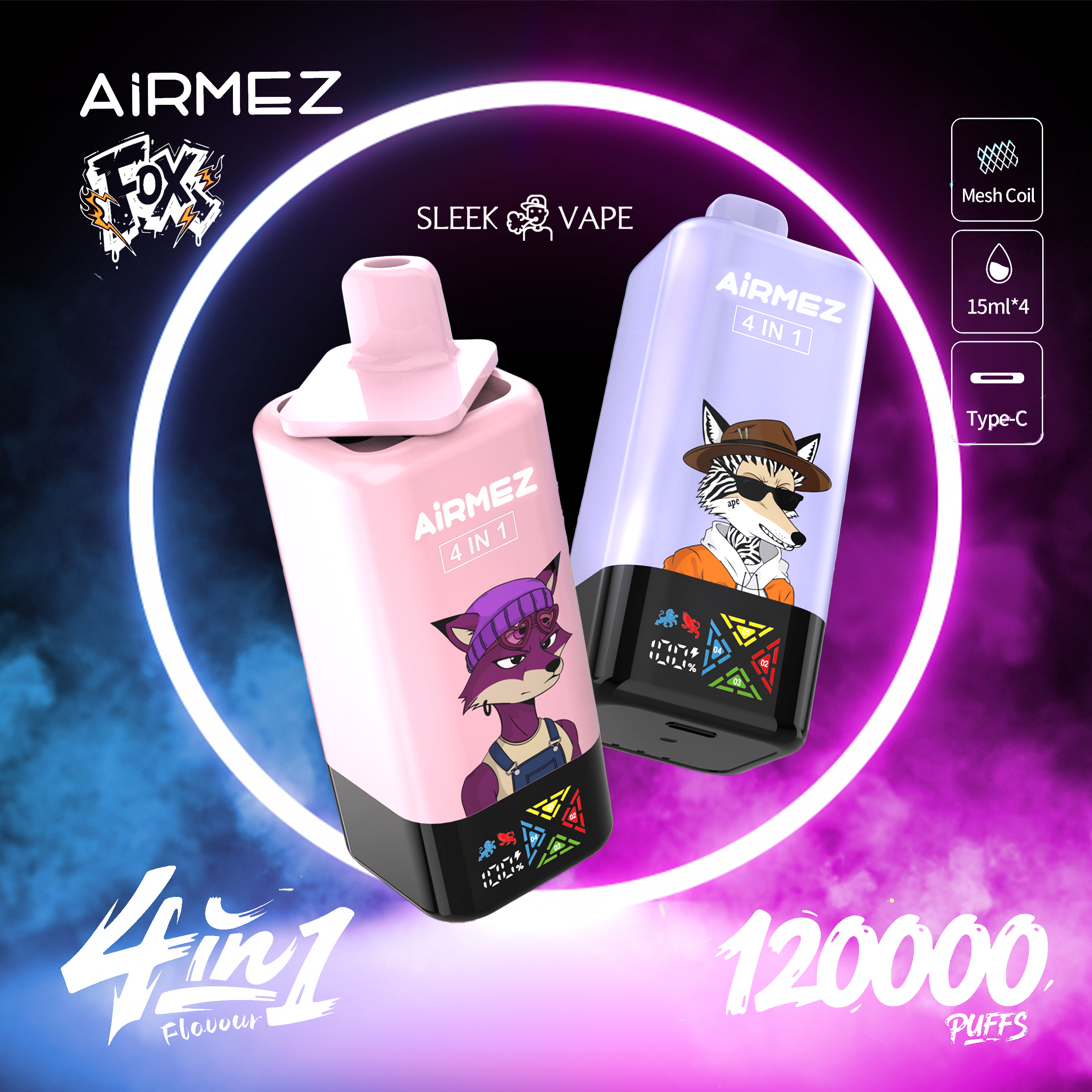 schemat działania Airmez Fox 4w1, mechanizm obracania kartridży vape, cztery kartridże 15ml e-papierosa, budowa Airmez Fox - Airmez Fox 120k Puffs 4 w 1 Smaki Jednorazowy Vape z ...