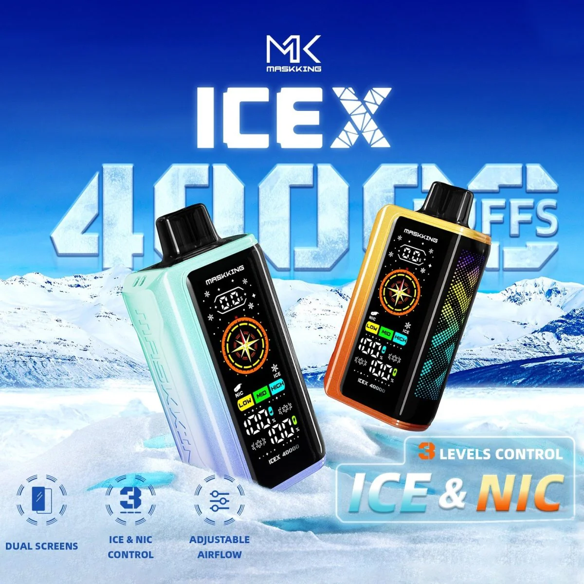 Maskking ICEX 40000 tryby pracy, suwak regulacji vape, tryb turbo e-papieros, infografika trybów vape - Maskking ICEX 40000 Disposable,3-Levels ICE/NIC Control ...