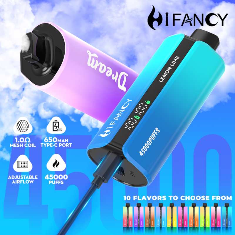 Nowoczesny e-papieros Hifancy Dream 45000, o eleganckim designie, z delikatną chmurą pary, podkreślający jego wydajność i jakość.