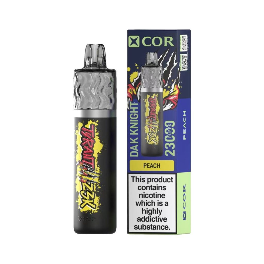 E-papieros Xcor Tyrant 23000 Puffs z wyraźnie widocznym inteligentnym wyświetlaczem LED, pokazującym poziom baterii, płynu i tryb pracy.