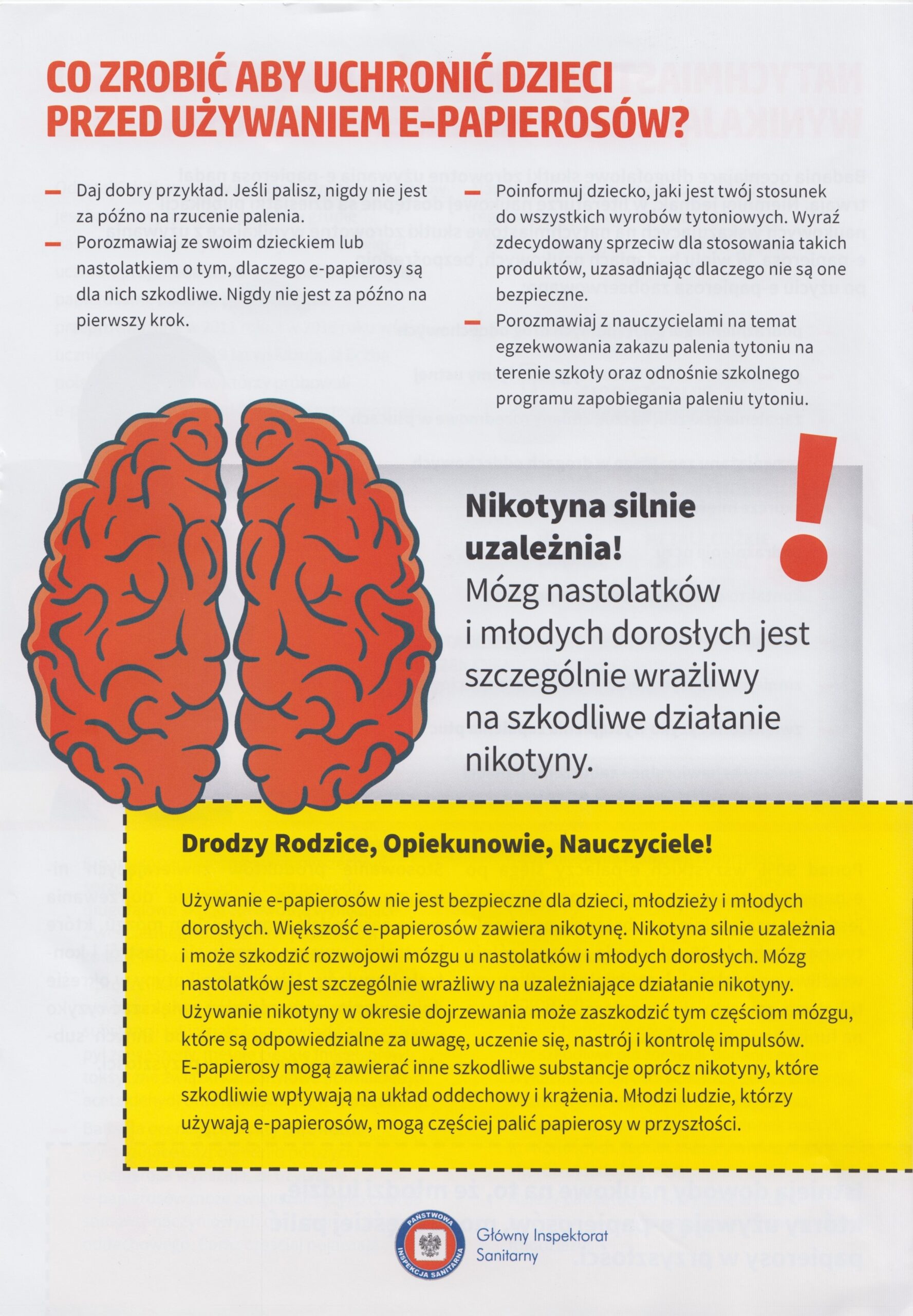 Obraz przedstawiający nastolatka używającego e-papierosa, z nakładającą się grafiką mózgu symbolizującą zakłócenia w jego rozwoju.