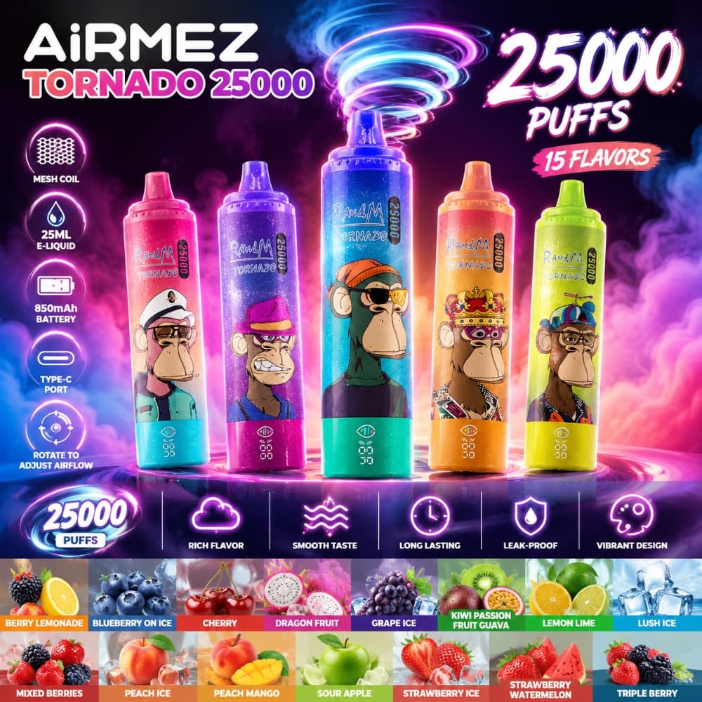 Nowoczesny e-papieros jednorazowy Airmez Tornado 25k, dynamicznie oświetlony, prezentujący swój design i innowacyjność.
