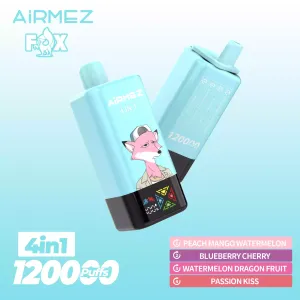 Zdjęcie jednorazowego e-papierosa Airmez Fox 4in1 120000, przedstawiające możliwość wyboru czterech różnych smaków w jednym urządzeniu.