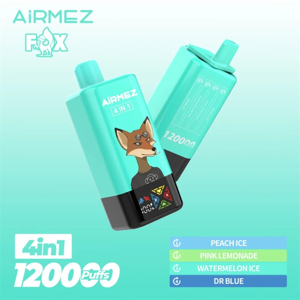 Zbliżenie na e-papierosa Airmez Fox 4in1, z widocznymi czterema niezależnymi komorami na płyn, symbolizującymi możliwość szybkiej zmiany smaku poprzez przekręcenie obudowy.
