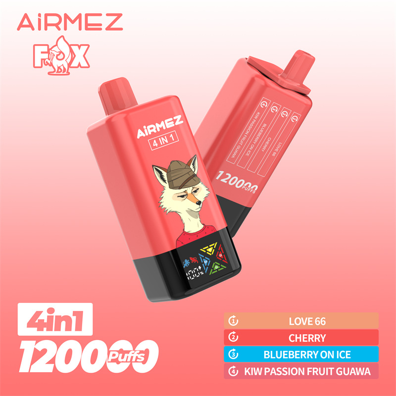 Zbliżenie na e-papieros jednorazowy Airmez Fox 4in1 120000 Puffs, prezentujące jego design, wielkość i ewentualnie symboliczne przedstawienie czterech profili smakowych, podkreślające jego wysoką wydajność.