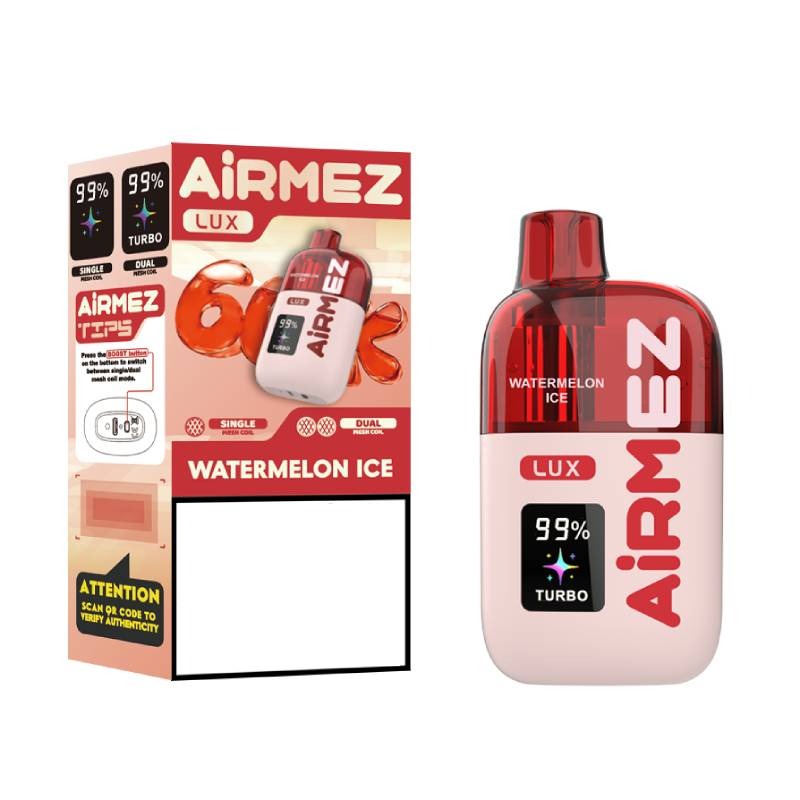 Zdjęcie e-papierosa jednorazowego Airmez Lux 60000 Puffs, z elementami sugerującymi wysoką jakość, technologię i intensywny smak.