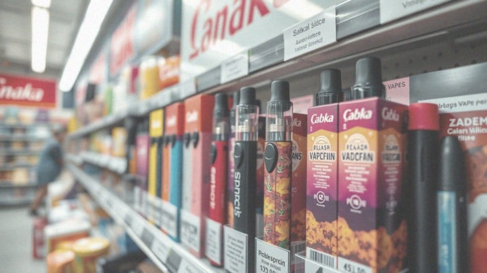 Obraz przedstawiający osobę sfrustrowaną stojącą w długiej kolejce w sklepie spożywczym, próbującą kupić mały e-papieros jednorazowy, z ograniczonym wyborem smaków lub urządzeniem, które szybko przestało działać.