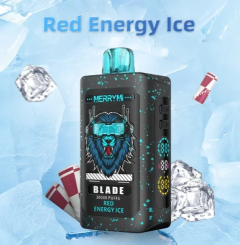 Zbliżenie na e-papieros jednorazowy Merry Mi Blade 30000, przedstawiające jego design i opakowanie.