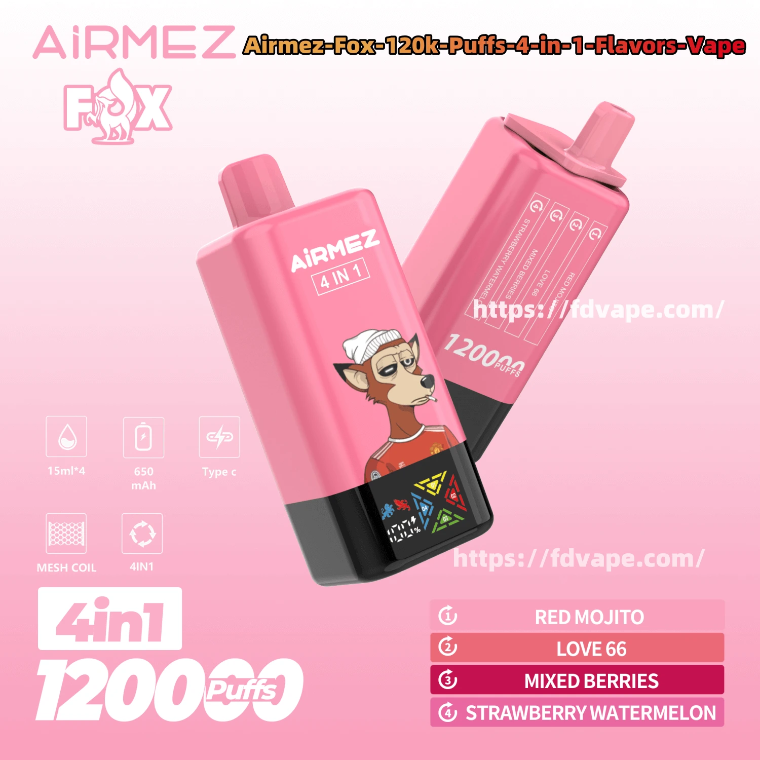 Zdjęcie e-papierosa Airmez Fox 4in1 120000 Puffs, podkreślające jego innowacyjną konstrukcję z czterema komorami na różne smaki, być może z widocznym mechanizmem przełączania.