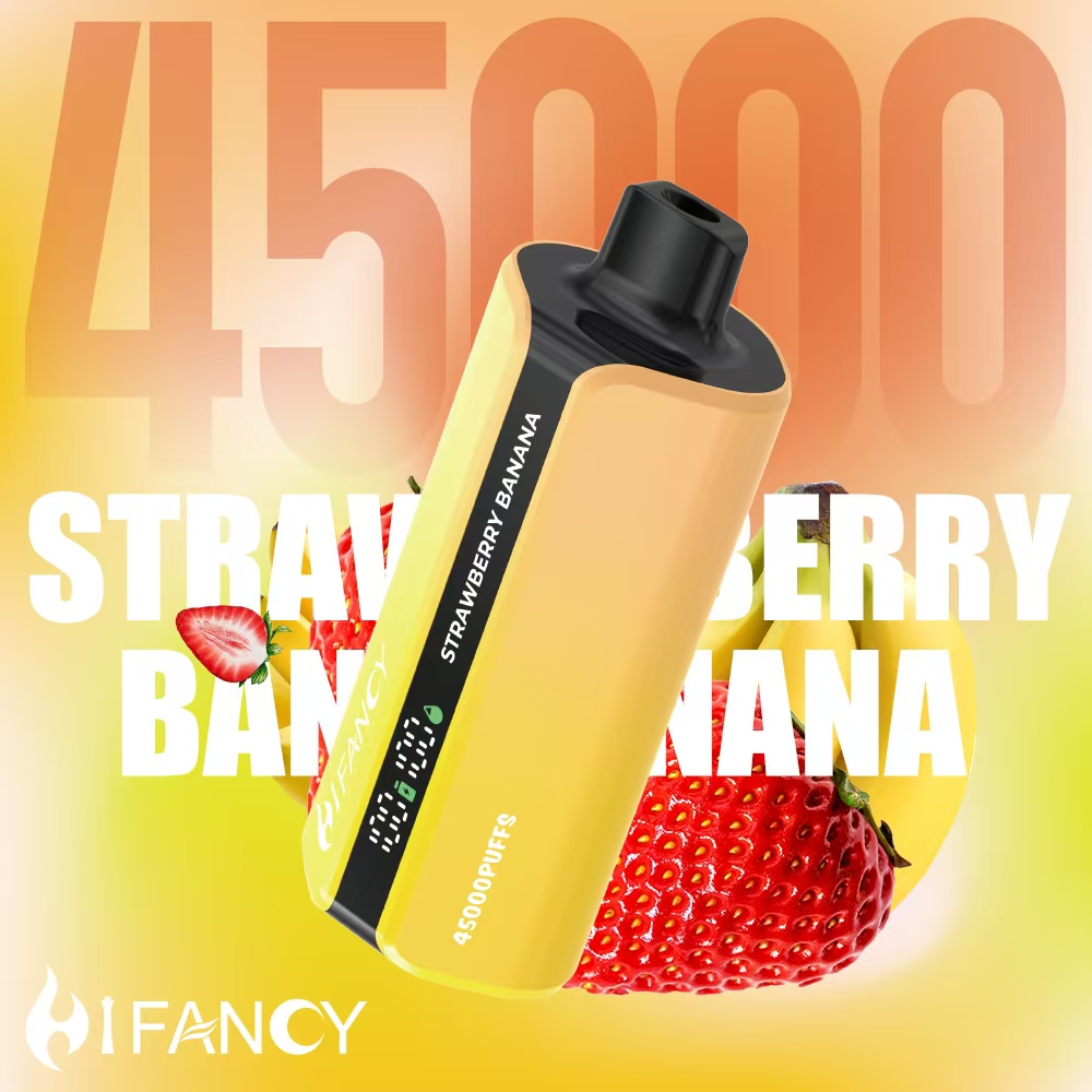 Zbliżenie na jednorazowy e-papieros Hifancy Dream 45000, obok świeże truskawki, banany oraz melon i marakuja, ilustrujące konkretne smaki.