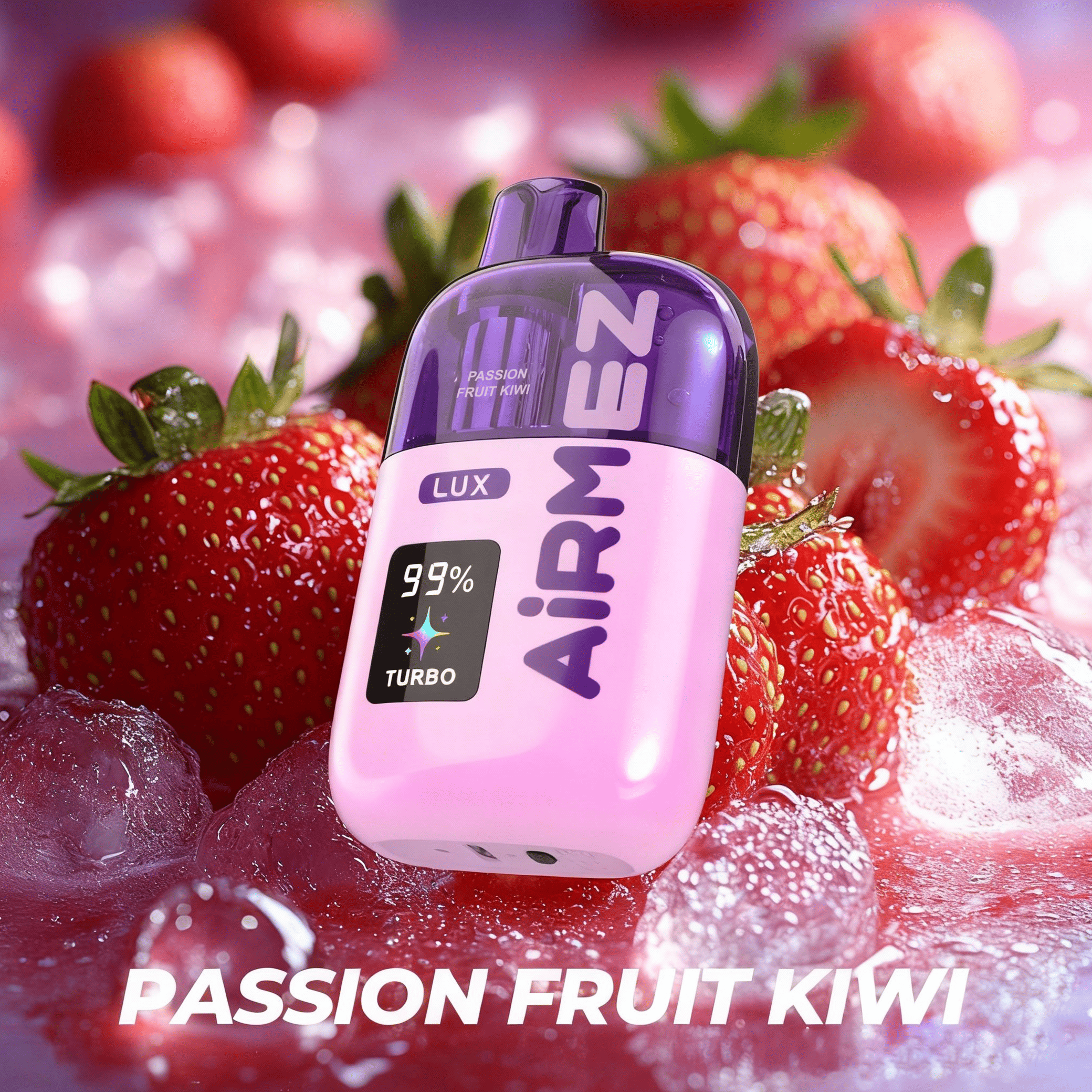 E-papieros jednorazowy Airmez Lux 60000 w otoczeniu pokrojonych marakui i kiwi, z tłem sugerującym świeżość i egzotyczny smak.