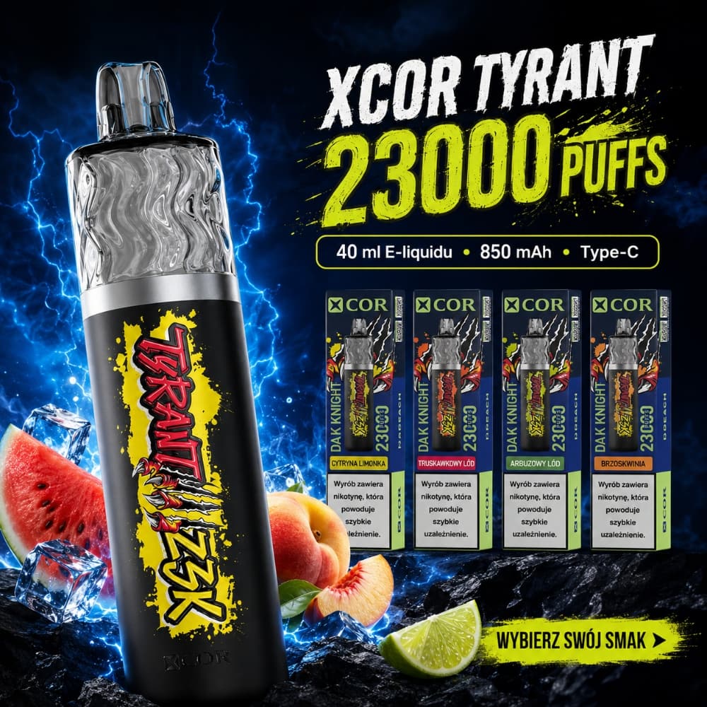 Zbliżenie na dolną część e-papierosa Xcor Tyrant 23000 Puffs, ukazujące mechaniczny suwak regulacji przepływu powietrza (Airflow Control).