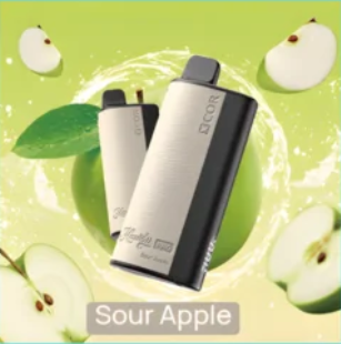 E-papieros jednorazowy XCOR Hawaii Pro 23000 Puffs w kolorystyce odpowiadającej smaku Sour Apple, z subtelną mgiełką dymu i jabłkiem w tle.