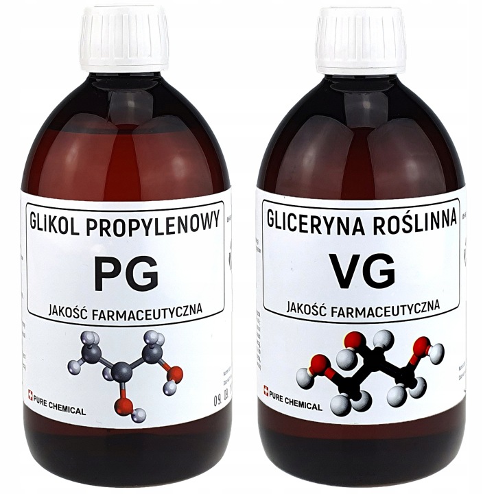 Dwie przezroczyste butelki laboratoryjne, jedna opisana PG (Glikol Propylenowy), druga VG (Gliceryna Roślinna), stojące obok siebie.