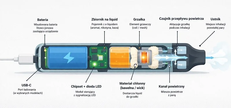 Grafika przedstawiająca trzy kluczowe komponenty e-papierosa premium: grzałkę siatkową (mesh), baterię z portem USB-C oraz mechanizm regulacji przepływu powietrza, symbolizujące filary jakości urządzenia.