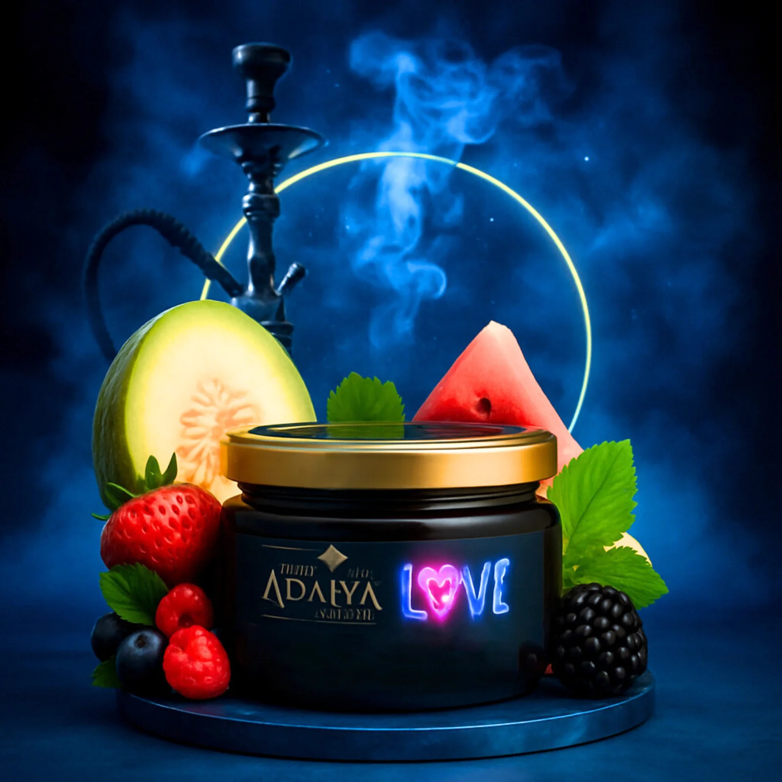 Nowoczesny e-papieros jednorazowy Hifancy Space 50000 Puffs w eleganckim, futurystycznym designie, z delikatnym obłokiem dymu i otoczony świeżymi kawałkami melona, arbuza i marakui.